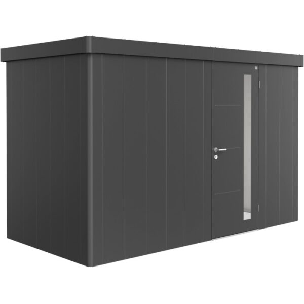 Casetta da giardino Biohort Neo 1D in grigio scuro metallizzato con porta standard e finestra.