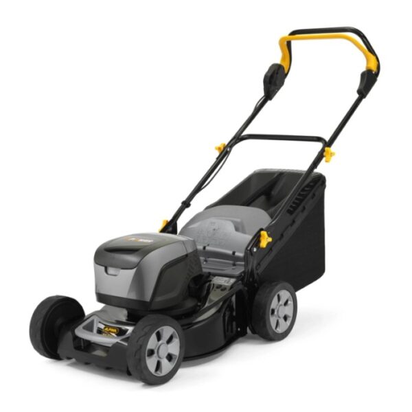 Tagliaerba a batteria t.b.t. nero e grigio con dettagli gialli.