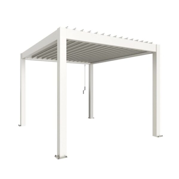 Pergola Biohort bianca 3x3,5 m: Copertura moderna per terrazzi con lamelle e drenaggio.