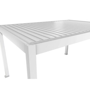 Dettaglio della pergola Biohort bianca 3x3,5 m con tetto a lamelle.