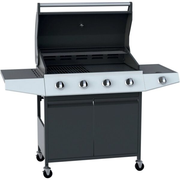 Barbecue a gas t.b.t. con quattro bruciatori, ripiani e mobile base.