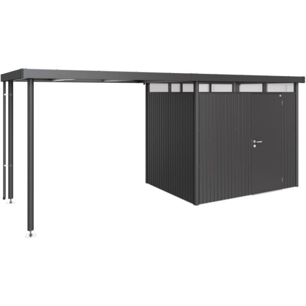 Tettoia laterale Biohort taglia L, grigio scuro metallizzato, per casetta da giardino HighLine H2. Spazio di stoccaggio aggiuntivo coperto.