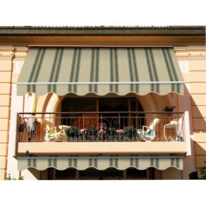 Tenda da sole a strisce t.b.t. su balcone, beige/marrone. Ideale come protezione solare.