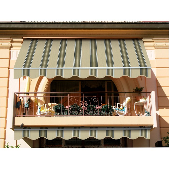 Tenda da sole a strisce t.b.t. su balcone, beige/marrone. Ideale come protezione solare.