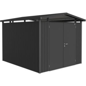 Casetta da giardino in metallo Biohort Panorama, grigio scuro, 7,6 m² con doppia porta. Ideale per riporre gli attrezzi da giardino.
