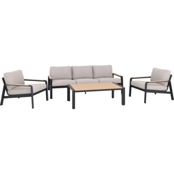Set lounge Branford 4 pezzi antracite-beige con struttura in alluminio-acciaio ed elementi in legno.