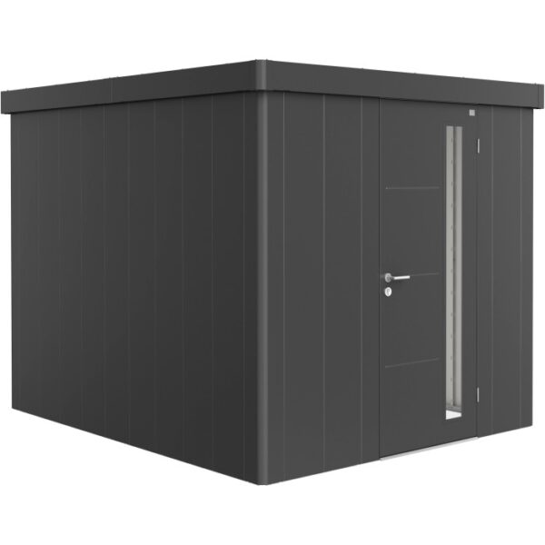 Casetta da giardino Biohort Neo 3B in grigio scuro metallizzato con porta standard. Casetta in metallo per il giardino.
