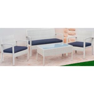 Set di mobili da giardino bianco con tavolo, divanetto e due sedie con cuscini blu.