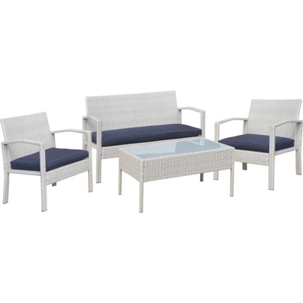 Set di mobili da giardino bianchi con divano, due poltrone e tavolo con piano in vetro.