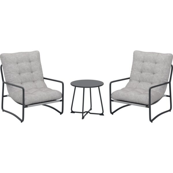 Set balcone Patterson 3 pezzi: 2 poltrone con cuscini, 1 tavolo. Struttura in acciaio, rivestimento in tessuto beige, piano tavolo in acciaio.