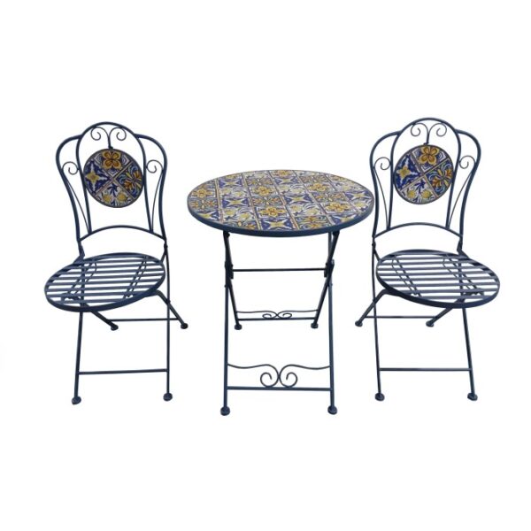 Set mobili da balcone t.b.t. con tavolo e due sedie, blu con motivo a piastrelle.