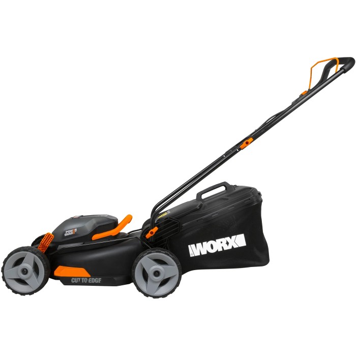 Tagliaerba a batteria Worx WG743E, larghezza taglio 40 cm con cesto di raccolta.