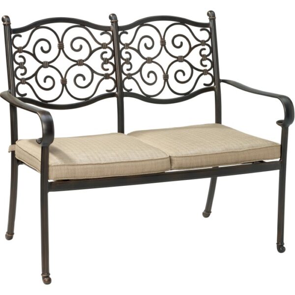 Panca in alluminio Mansura con cuscini beige per giardino o balcone.