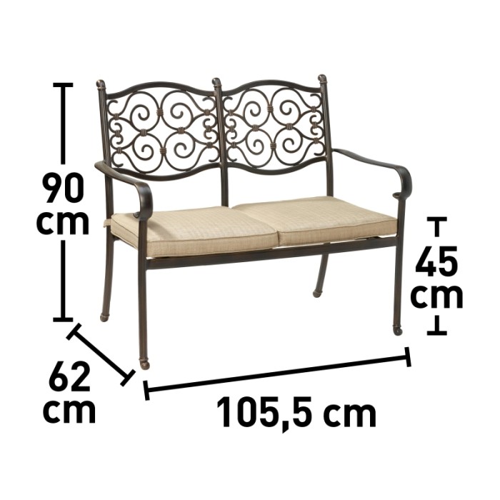 Panca da giardino in alluminio Mansura con cuscini beige, 90x62x105,5 cm. Panca decorativa per balcone e terrazza.