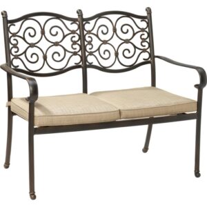 Panca da giardino in alluminio Mansura con cuscini beige. Panca decorativa per giardino o balcone.