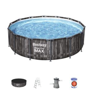 Piscina fuori terra rotonda con accessori: scaletta, copertura, pompa filtro e cartuccia filtro.