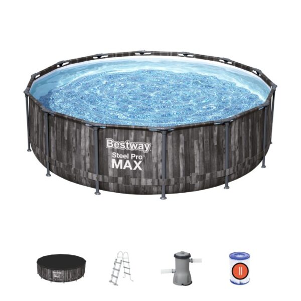 Piscina fuori terra rotonda con accessori: scaletta, copertura, pompa filtro e cartuccia filtro.