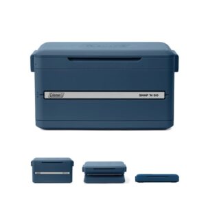 Frigorifero portatile pieghevole Coleman Snap'N Go blu, 52 l, in tre viste: aperto, parzialmente e piatto. Per campeggio.