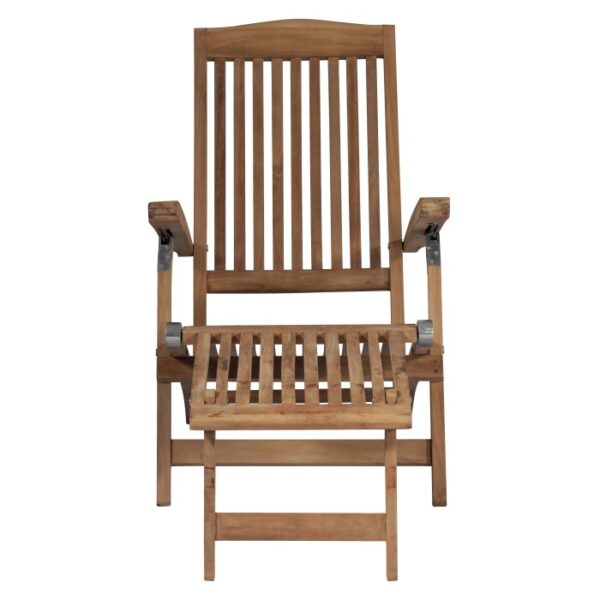 Sedia da giardino in legno, schienale e braccioli regolabili, per patio e balcone.