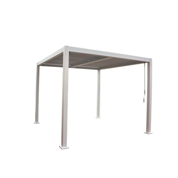 Gazebo t.b.t. bianco moderno con tetto a lamelle per giardino e patio.