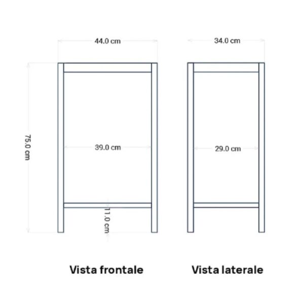 Schizzo delle dimensioni della fontana da giardino t.b.t.: vista frontale e laterale con misure.