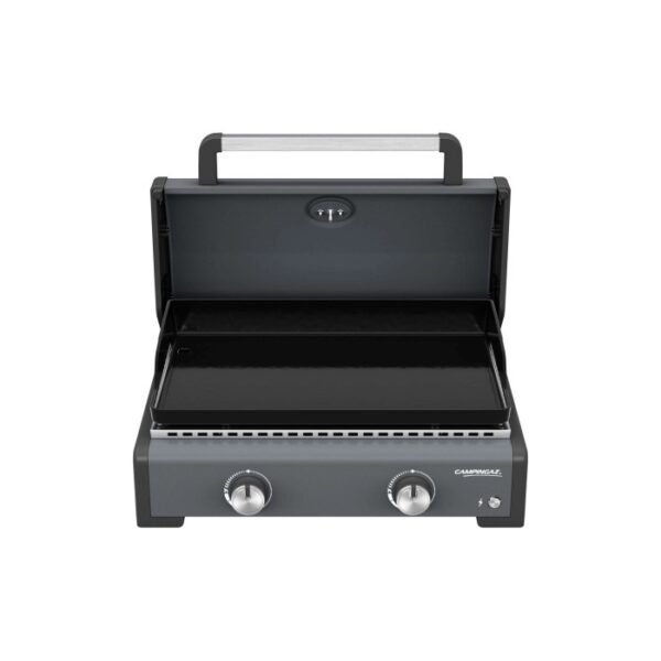 t.b.t. Grill da campeggio con piastra e due manopole di controllo.