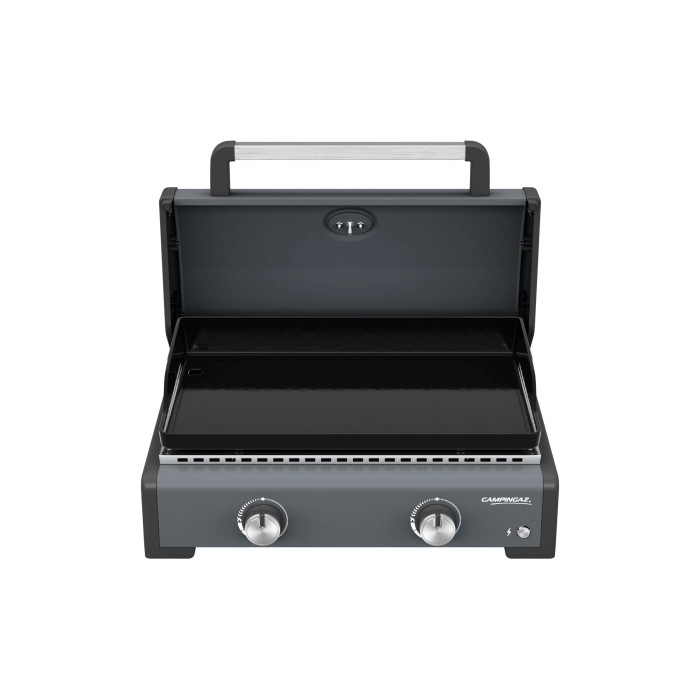 t.b.t. Grill da campeggio con piastra e due manopole di controllo.