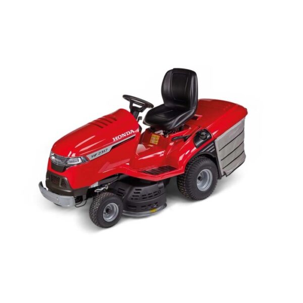 Trattorino tagliaerba Honda rosso, modello HF 2317, con sedile e volante neri.