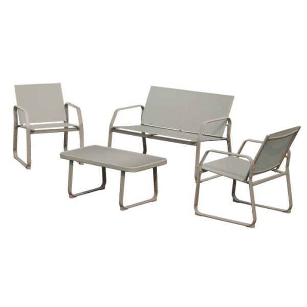 Set di mobili da giardino grigio con divano, due sedie e tavolo per esterni.