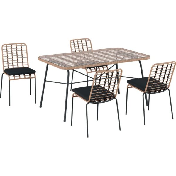 Set di mobili da giardino t.b.t. con tavolo e quattro sedie con cuscini neri.