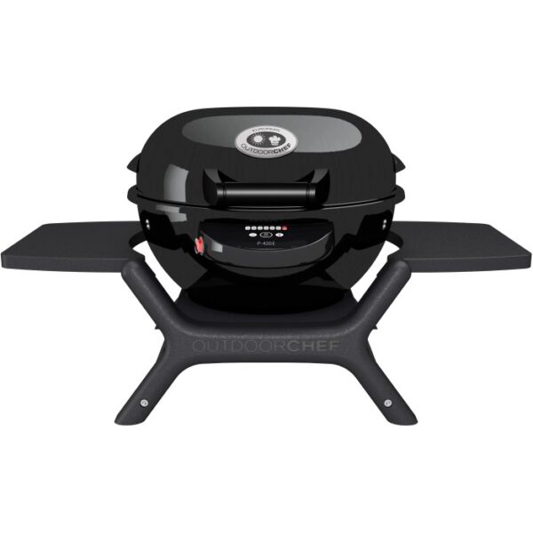 Barbecue elettrico Outdoorchef Minichef 420 E, nero, con coperchio e tavolini laterali.