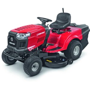 Trattorino tagliaerba rosso Troy-Bilt Horse 105T-R con scarico posteriore e cesto di raccolta.