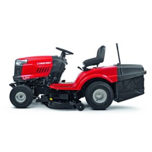 Trattorino tagliaerba rosso Troy-Bilt Horse 105T-R con scarico posteriore e cesto di raccolta.