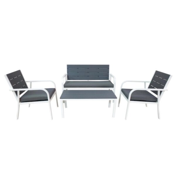 Set di mobili da giardino t.b.t. con due sedie, panca e tavolo, struttura bianca, cuscini grigi.