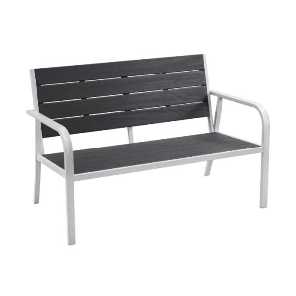 Panca da giardino del Set di mobili da giardino con legno grigio e telaio argento.