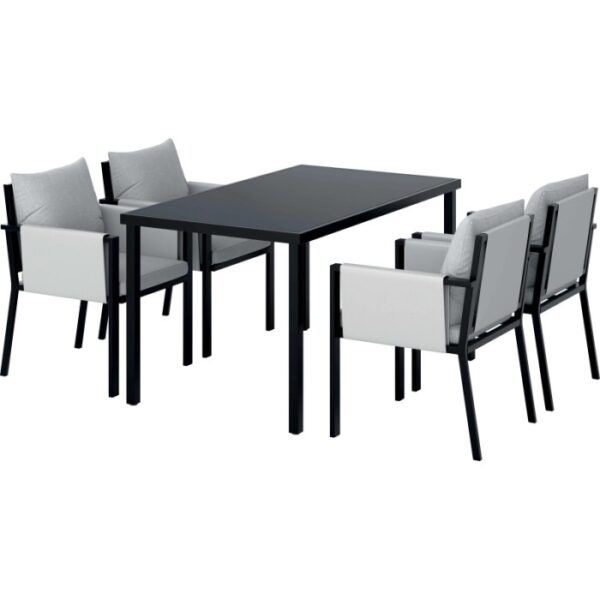 Set di mobili da giardino moderno con tavolo e quattro sedie in nero e grigio.