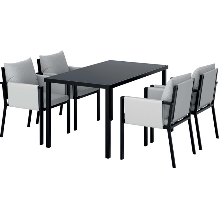 Set di mobili da giardino moderno con tavolo e quattro sedie in nero e grigio.