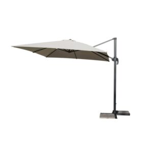 Ombrellone a braccio t.b.t. beige con struttura scura e forma quadrata.