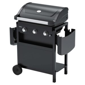 Barbecue a gas t.b.t. nero con tre bruciatori e ripiani laterali.