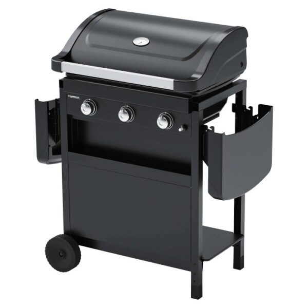 Barbecue a gas t.b.t. nero con tre bruciatori e ripiani laterali.
