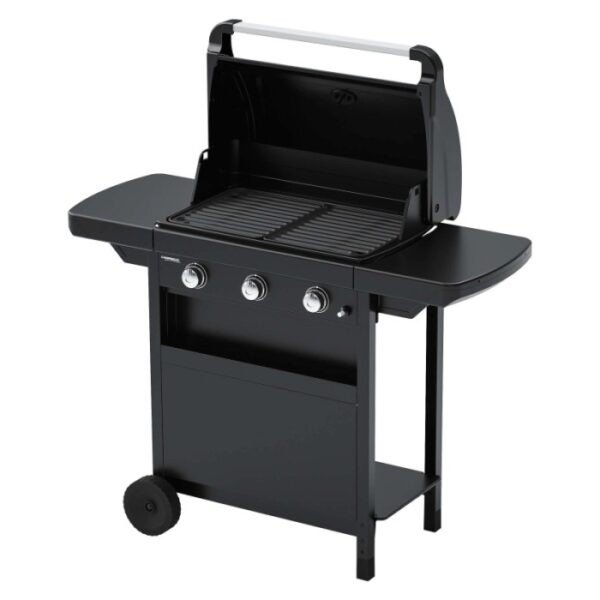 Barbecue a gas t.b.t. nero con ripiani laterali e coperchio aperto.