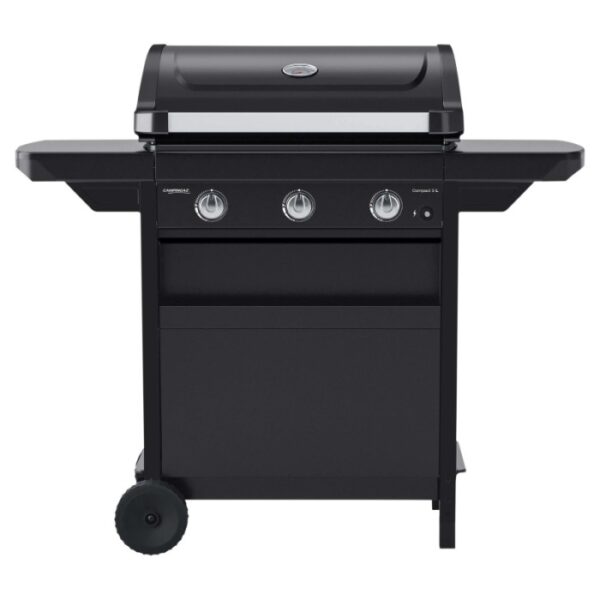 Barbecue a gas nero con tre bruciatori e ripiani laterali.