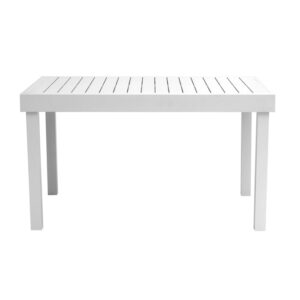 Tavolo da giardino bianco con design a listelli per esterni.