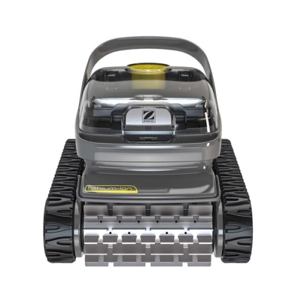 Robot per piscina grigio con cingoli per la pulizia della piscina.