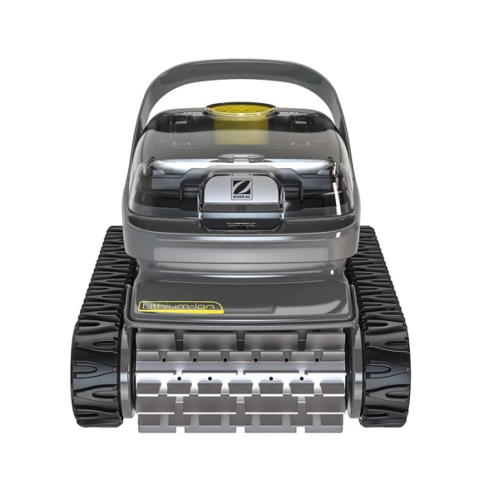Robot per piscina grigio con cingoli per la pulizia della piscina.