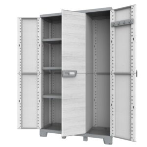 Armadio portautensili grigio aperto con ripiani e barra appendiabiti.