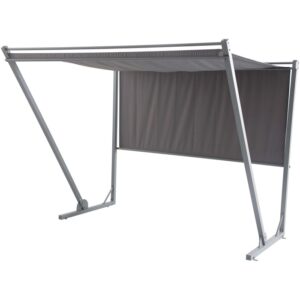 Gazebo t.b.t. grigio con pannelli laterali in tessuto e struttura in metallo.