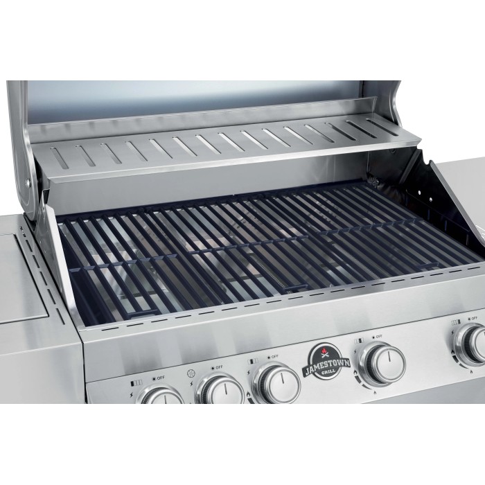 Dettaglio del barbecue a gas t.b.t. con griglia e scaldavivande.