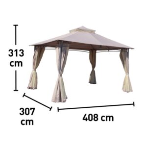Gazebo beige con tende e dimensioni.