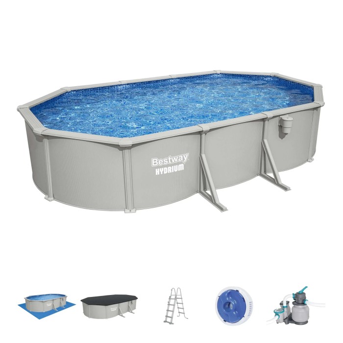 Piscina fuori terra ovale Bestway Hydrium con parete in acciaio e accessori.